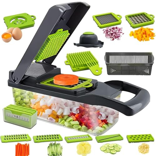 Tritatutto per Verdure Manuale 14 in 1 Multifunzione con Lame in Acciaio Inox Mandolina Affettatrice Cubetti Grattugia Tagliaverdure Separatore per Uova Tritaverdure da Cucina in ABS