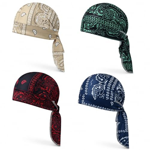 4Pcs Paisley Cooling Headscarf Cap, Bandana Caps Elastic Cycling Sports Cap Breathable Motorcycle Head Wrap & Helmet Liner, Sweat Wicking Pirate Bandana Beanie for Men & Women (Green+Red+Blue+Khaki)