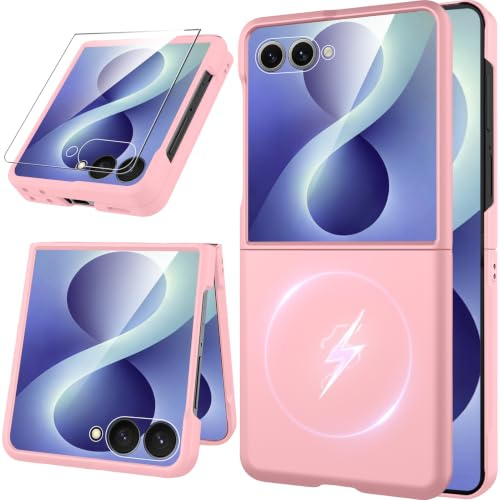 Miimall Magnetiskt fodral för Samsung Galaxy Z Flip 8 med skärmskydd i härdat glas, flip 8 magnetiskt tunt fodral, stötsäker militär 360 fullt skydd för Flip8, rosa