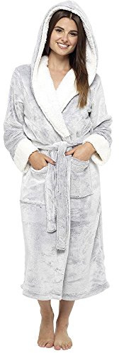 Style It Up Ladies Luxurious Soft Dressing Gown Hooded Plain Fluffy Snuggle Fleece Warm Robe, (GREY, 20-22)