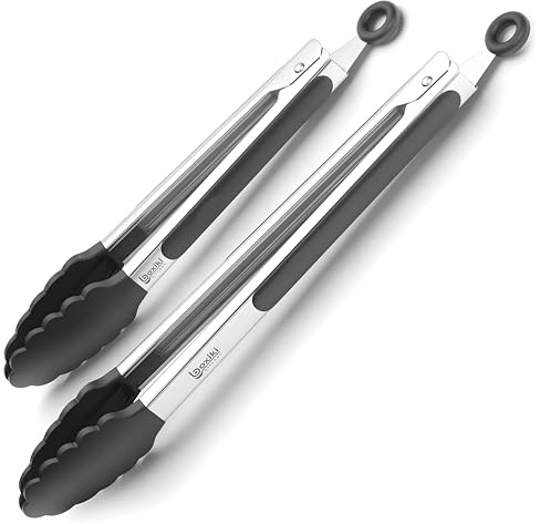 Kitchen Tongs for Cooking with Silicone Tips by Boxiki Kitchen, BPA Free Stainless Steel Set of 2 Silicone Tongs for Cooking, Grilling & Toss a Salad, Heat Resistant Grill Tongs for Serving Food.