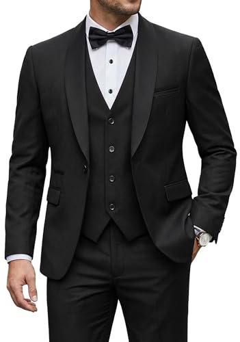 YND, Conjunto de Esmoquin Ajustado de 3 Piezas para Hombre, Cuello de Chal con un botón, Chaqueta Lisa, Chaleco, Pantalones y Pajarita, Negro -, Small