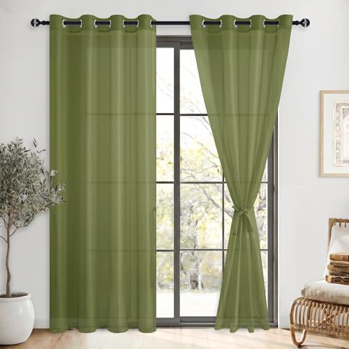 DWCN Green Sheer Curtains with Tiebacks Christmas Curtians Semi Transparent Voile Grommet Window Curtain for Bedroom and Living Room,2 Panels,W52 x L84
