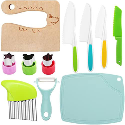 EVERMARKET 11 PCS Kids Kitchen Knife Set Kids Wooden Knife Safe Knives for Real Cooking Serrated Edges Children Cooking Utensils Tools Plastic Knife, Potato Slicers Cooking Knives Kit