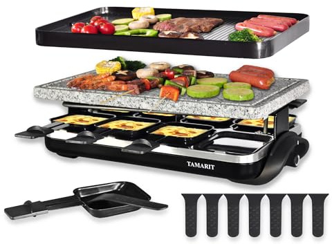 TAMARIT Raclette Table Grill Portable 3 in 1 Korean Barbecue BBQ Electric Indoor Griddle with Non-Stick Reversible Plate and Cooking Stone for Steak 1400W Raclette Grill for 8 Person, Black