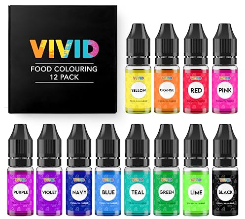 VIVID Colorant Alimentaire 12 x 10ml - Couleurs Alimentaires Liquides Concentrées Comestibles pour Pâtisserie, Biscuits, Fondant - Couleurs Vives pour Décoration et Cuisine, Aérographe, Savons DIY