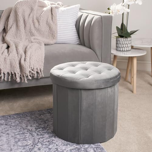 OHS Storage Ottoman Round Matte Velvet, Stool with Storage Foldable Footstool Bedroom Living Room Space Saving Storage Stool Organising Box Footrest with Lid, Charcoal Grey