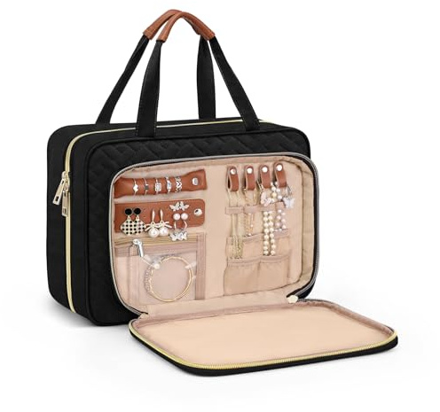Wedama Toiletry Bag for Women, Hanging Travel Toiletry Bag with Jewelry Organizer Compartment Large Makeup Bag, PVC Waterproof Cosmetic Travel Bag for Travel Business Trips Camping Bathroom, Black