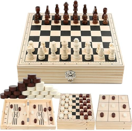 YUEMING Schachspiel, 4 in 1 Schachspiel und Dame Spiel Holzschachbrett, Faltbares Chess Board Set Tragbares Chess Set für Reise, Pädagogische Brettspiel für Kinder, Anfänger, Erwachsene