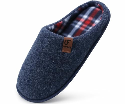 COFACE Mens Cozy Memory Foam Scuff Slippers Casual Slip On Warm House Indoor/Outdoor Shoes Felt Sandal Slippers size 10 Dark Blue