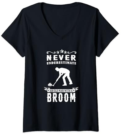 Damen Unterschätzen Sie niemals einen alten Mann mit einem Besen Curling T-Shirt mit V-Ausschnitt