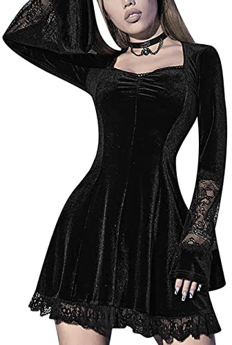 Robe gothique vintage en velours Y2K E-girl grunge avec bordure en dentelle Mini robe style années 90 Emo Punk Harajuku Robes Goth Vêtements, Noir , 3XL
