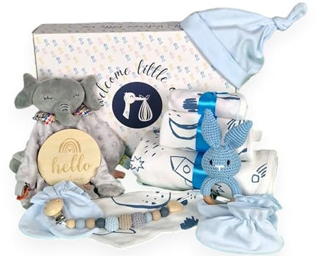 veviur Baby Geschenkset, Neugeborenen Geschenk, Baby Geschenk Mädchen und Junge – mit Kuscheltier, Rassel, Schnullerhalter, Decke und Lätzchen (BLAU)