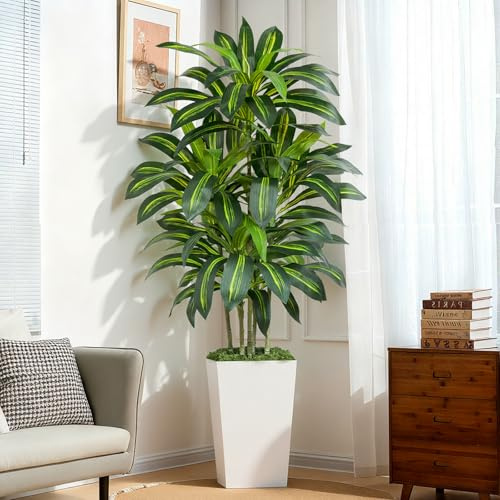 Keeplush Pianta Finta Dracaena Artificiale 180cm alta con Vaso Bianco, Piante Finte da Interno Grandi Ha 108 foglie, Albero Artificiale Interni Per Soggiorno Ufficio Giardino Dec