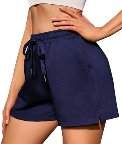 Jezonga Short de Sport Femme Bas de Survêtement Couleur Unie Short de Course à Pied Short Décontracté Femme Pantalon de Jogging Taille Haute avec Poches pour Yoga Fitness Running Bleu Foncé L