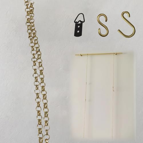 Cimaise pour Tableau Cordon pour Suspendre des Tableaux, Bandes pour Accrocher des Tableaux, Chaîne Dorée pour Suspendre des Miroirs, des Lampes ou des Paniers, Anneau en Laiton de 1 M et Crochet en S