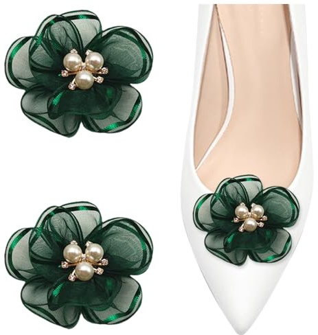 2 Pieces Flower Shoe Clips for Women, Pearl Shoe Charms Clips Elegant Bridal Shoe Buckles Detachable Shoe Accessories Rhinestone Shoes Jewelry Decoration for Wedding Prom Party High Heels (Green)