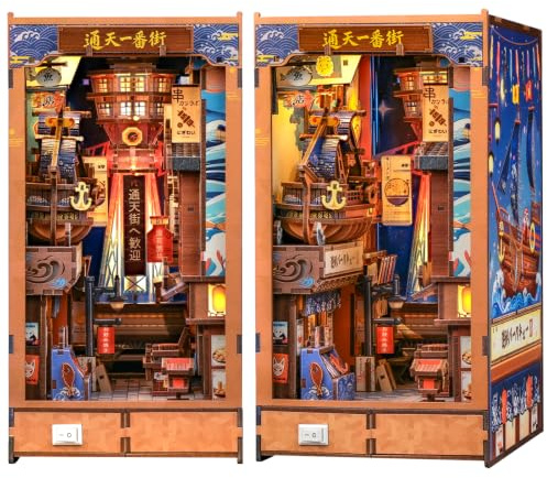 CUTEBEE Bokhrymn – 3D-träpussel för vuxna, Osaka Shinsekai miniatyrhus med LED-lampor, kreativ bokhylla dekor hobbygåva (Tsutenkaku Ichiban Street)