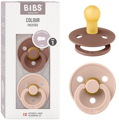 BIBS Colour Soother 2-Pack, BPA Free Dummy Pacifier, Round Nipple. Natural Rubber Latex, Size 1 (0-6 Months), Woodchuck/Blush