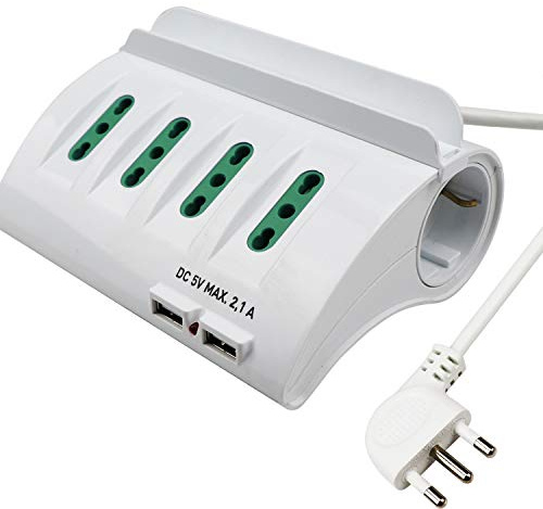 Extrastar Multipresa da Scrivania/Tavolo con 2 Presa USB,Presa con interruttore automatico di protezione 16A,Bianco,3500W,6 Prese (4 ITA/Schuko）,2M