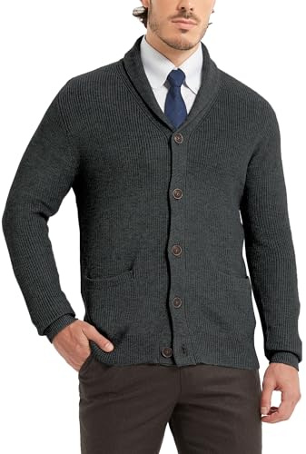 Kallspin Men's Wool Blend Shawl Collar Cardigan Sweater Button Down Knitwear with Pockets(Dark Grey, X-Large)