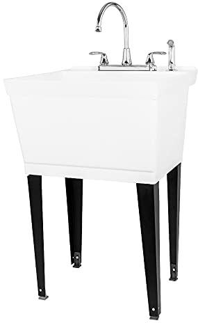 Utility Sink Laundry Tub with Gooseneck Faucet by JS Jackson Supplies, Heavy Duty Slop Sinks for Basement, Laundry Room, Garage or Shop, Large Free Standing Wash Station (Chrome Faucet)