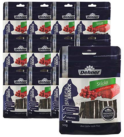 Dehner Premium Katzensnack, Leckerli getreidefrei / zuckerfrei, für ausgewachsene / sensible Katzen, Rindfleisch-Sticks, 12 x 50 g (600 g)
