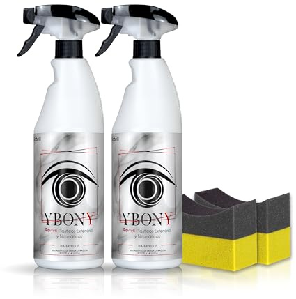 Sisbrill Ybony, Renueva, repara y restaura plásticos deteriorados o blanquecinos - Revive Neumáticos - Proporciona Ultra-Brillo - Resiste la Lluvia - 2 x 750 ml + 2 aplicadores(Pack 2)