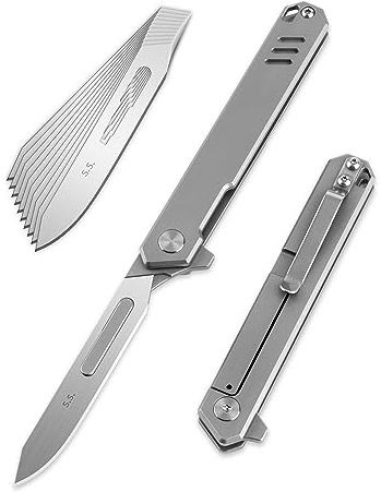 OLITANS T029 Folding Scalpel Knife, Slim Titanium alloy handle, 60 Stainless Steel Blade Pocket Knife 1.23oz