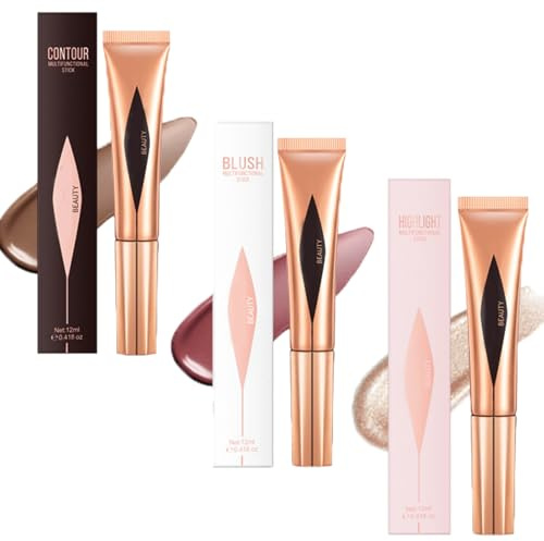 3PCS Blush & Contour & Highlighter - Liquid Contour Stick & Face Highlighter - Long Lasting & Waterproof Blushers for Cheeks Make Up - Liquid Bronzer for Face-(02+03+05)