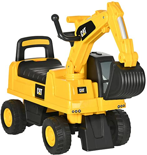 HOMCOM Excavadora con Licencia Caterpillar Excavadora Correpasillos para Niños de 12-36 Meses con Asiento de Almacenamiento Pala Delantera y Bocina Carga 25 kg 85x27,5x47,5 cm Amarillo