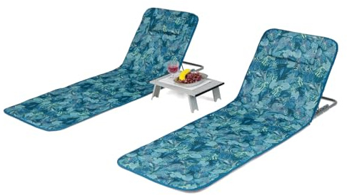 COSTWAY Uppsättning av 2 strandmattor med sidobord, kudde och förvaringsfack, liggmatta med justerbart ryggstöd, solmatta vikbar, lätt, bärbar, strandstol för stranden (turkosblå)