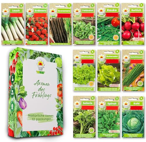 LW TORAF Samen Set XXL 12 Premium variétés de légumes, semences légumes jardin, 2500 graines de plantes, potager, balcon, cuisine, salades, fraise, radis, ciboulette, épinards, roquette, rhubarbe