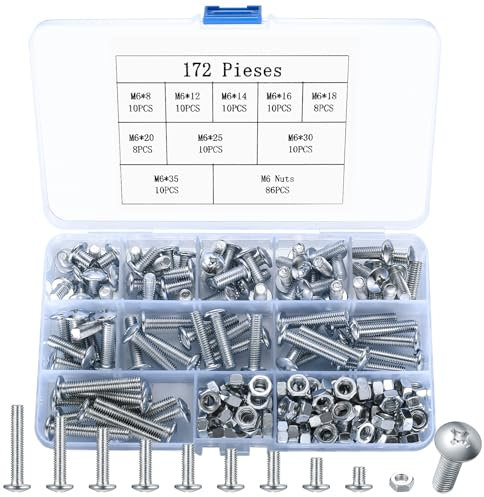 172 Piezas M6 Juego de Tornillos y Tuercas, Tornillos de Cabeza Cruzada Plana y Tuercas Hexagonales, Tornillos de Cabeza Redonda de Acero Inoxidable, Kit Tornillería con Tuercas