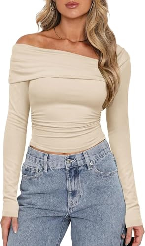 TrendiMax Camiseta de Manga Larga con Hombros Descubiertos para Mujer Jersey de Punto Acanalado Fruncido Camisa Ajustada Beige, L