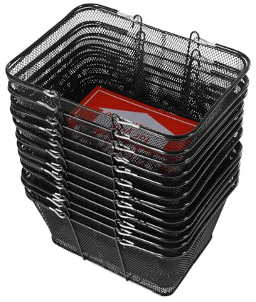 12PCS Shopping Baskets with Handles, Black Metal Shopping Basket, Portable Iron Wire Shopping Basket Set for Stores Shopping, Supermarket, Retail, Bookstore