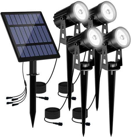 T-SUN Faretti Solari Esterno, 4-IN-1 Bianco Freddo 6000K Lampade Solari da Giardino, 2 Livelli di Luminosità, Impermeabili IP65, Luci a Energia Solare per Piscina, Cortile, Vialetto, Patio, Alberi