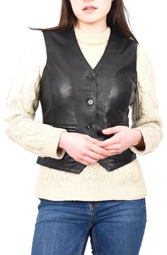 Divergent Retail Ladies Fitted Premium Grained Leather Sleeveless Button up Vest Waistcoat Classic Gilet Black Rachelle (UK, Numeric, 16, Regular, Regular, Black)