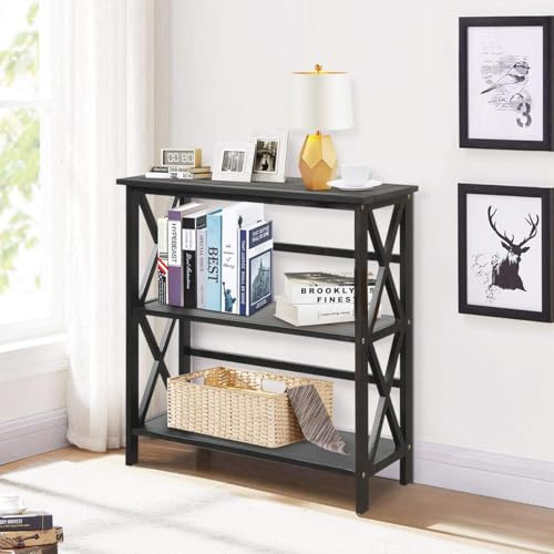 GYMAX Libreria in Legno a 3 Piani, Scaffale per Libri, Scaffale Basso di Stoccaggio per Salotto, Soggiorno, Studio, Camera da Letto, 79 x 32 x 86 cm (NERO)