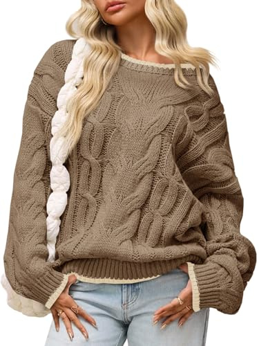 Saodimallsu Womens Oversized Sweater Casual Cable Knit Color Block Crewneck Pullover 2025 Fall Winter Chunky Trendy Sweaters Khaki
