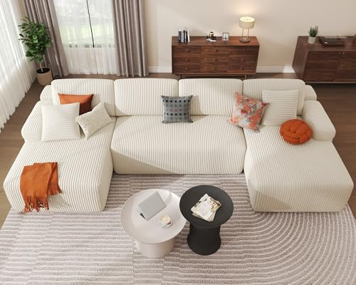 DURASPACE 320cm Cloud-Sektionalsofas für das Wohnzimmer, Modulares U-förmiges Sofa mit tiefer Sitzfläche, Schlafsofa aus Cord mit Memory-Schaum, Keine Montage Erforderlich (Beige)