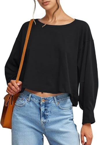 UNCLECAT Womens Long Sleeve Crop Tops Oversized Cropped Tshirts Crew Neck Loose Fit Fashion Workout Tee Shirt Black