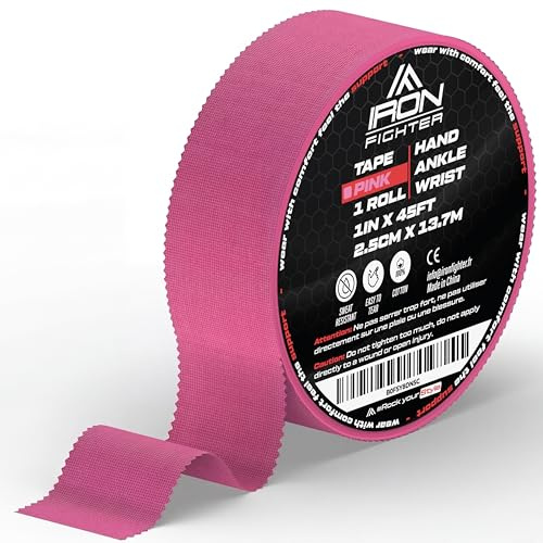 IRON FIGHTER 1X Bande de Strapping Rigide 2,5cm x 13,7m - Boxe - MMA - JJB - Escalade - CrossFit - Musculation Pour Poignet, Cheville, Main, Coude - Ruban Adhésif Sport Rose