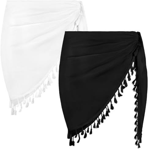 Aomig Women Beach Sarong 2PCS Ladies Sheer Shrug Skirts Beach Wrap Short Sarongs Bikini Cover Up Swim Suits Coverup Cover Skirt with Fringes Pareo Dress Wrap Swimwear Cover Swimsuit Wrap(Black+White)