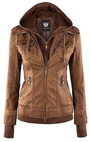 Lock and Love LL WJC664 Women's Faux Leather Moto Biker Jacket with Removable Hood – Zip Up Slim Fit Short Coat with Pockets XL Camel
