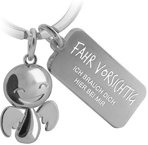 FABACH Schutzengel Schlüsselanhänger Happy mit Gravur - Niedlicher Auto Schlüsselanhänger mit Botschaft aus Metall für Autofahrer - Geschenk Glücksbringer Auto Führerschein - Fahr vorsichtig, Silber
