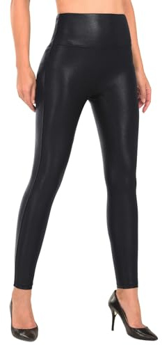 RUFIYO Konstläderleggings för kvinnor, hög midja, läderbyxor, pskinnleggings, magkontroll, Svart, L