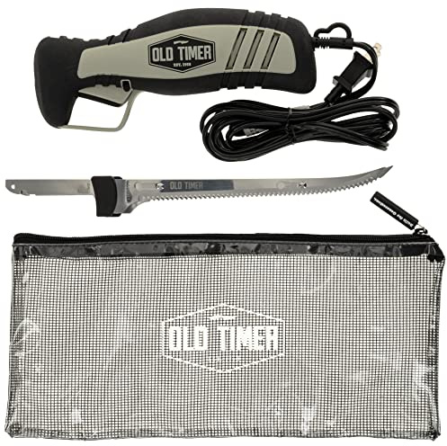 Old Timer 110V Electric Fillet Knife with 8in Fully Serrated Stainless-Steel Blade, Trigger Lock, Classic Fillet Knife Cut, 8ft Cord, and Self Draining Carry Case for Fishing, Filleting, and Outdoors
