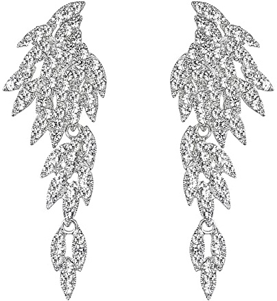Pendientes de Mujer- Clearine Boda Nupcial Joyería Lámpara de Araña con Alas de Ángel de Caída Larga Clip-On Aretes Colgantes,Color Claro Plata-Tono