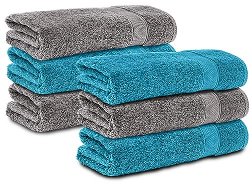 Komfortec 6er Handtücher 50x100 cm Set aus 100% Baumwolle, Frottee, Weich, Anthrazit Grau/Türkis